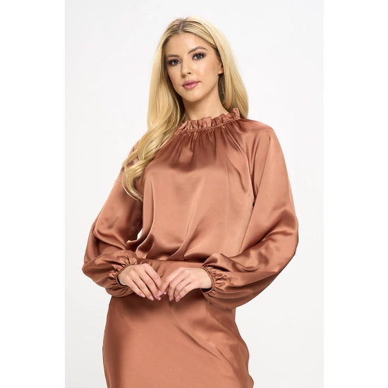 Solid Satin Ruffle Mock Neck Top